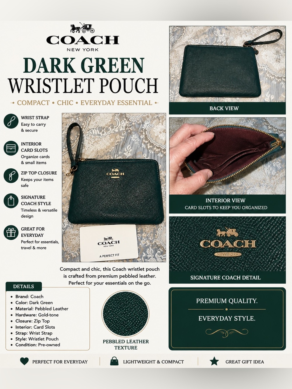 Coach Dark Green Pebbled Leather Wristlet Pouch with Gold Hardware